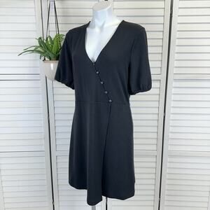 New Madewell‎ Black Cross Front Button Dress Faux Wrap Puff Sleeve Retro Size XL